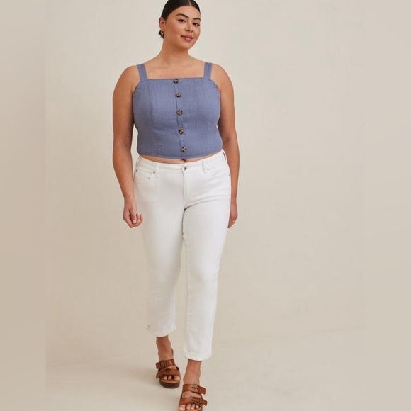 Torrid Linen Blend Button-Front Crop Tank in light steel blue - Picture 2 of 12